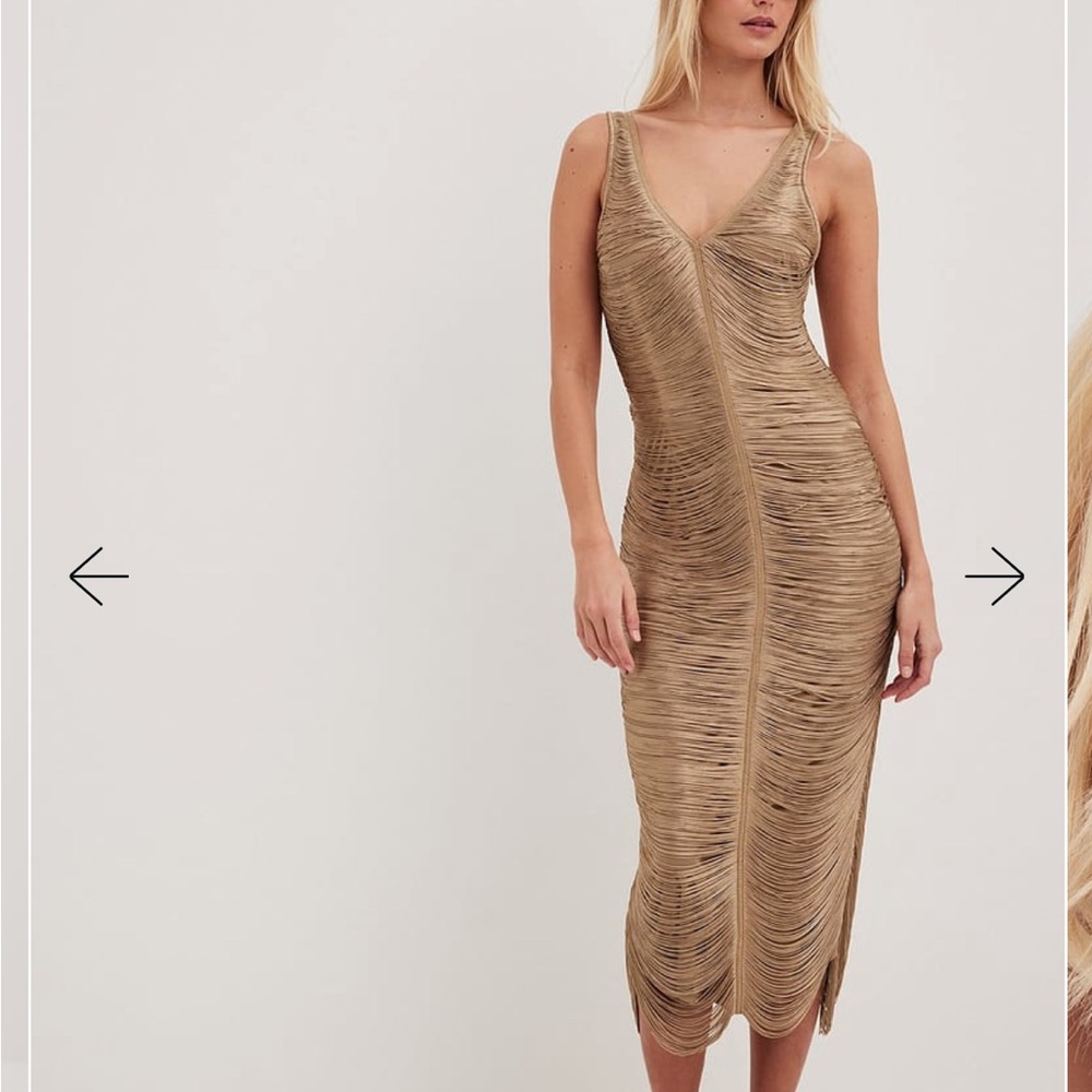 NA-KD Fringe Midi Dress Gold Beige Size Small EU 36
